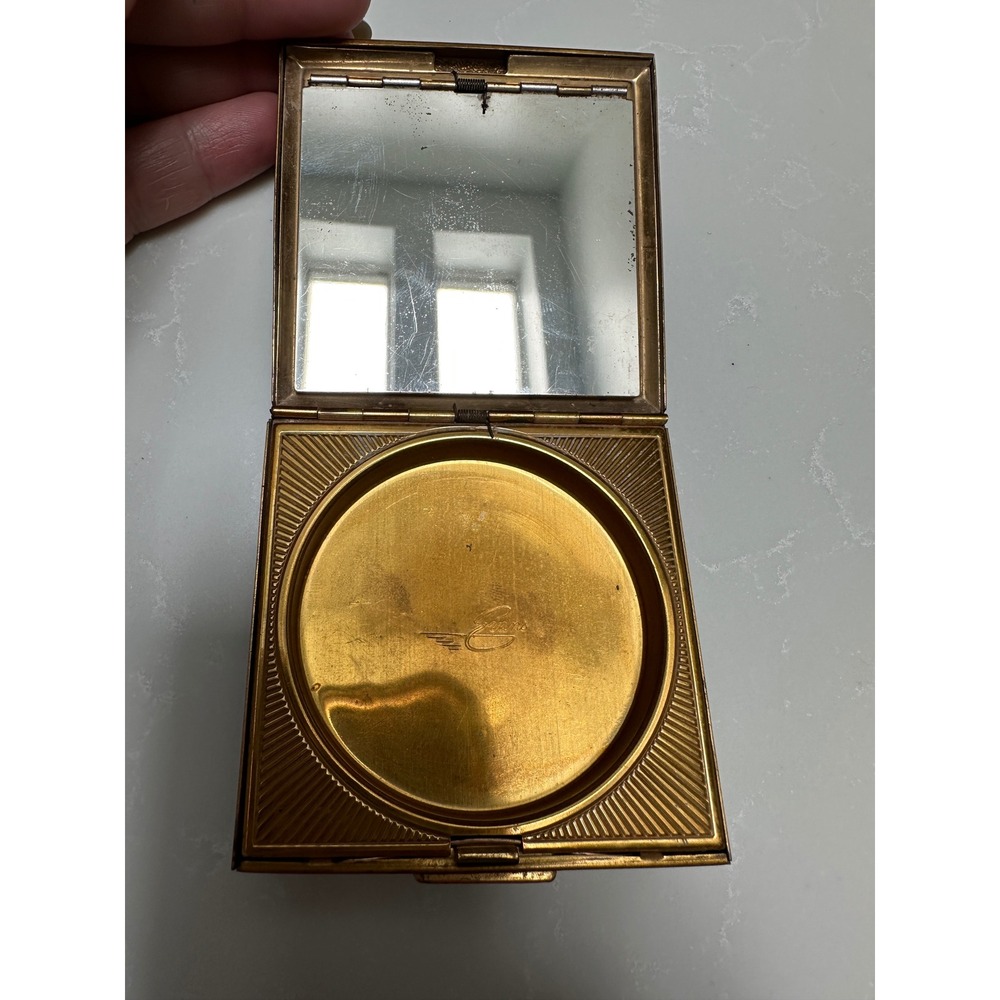 Vintage 1940s Evans Compact Steamer Trunk Clock Double Vanity Mirror Powder Box - Picture 6 of 7
